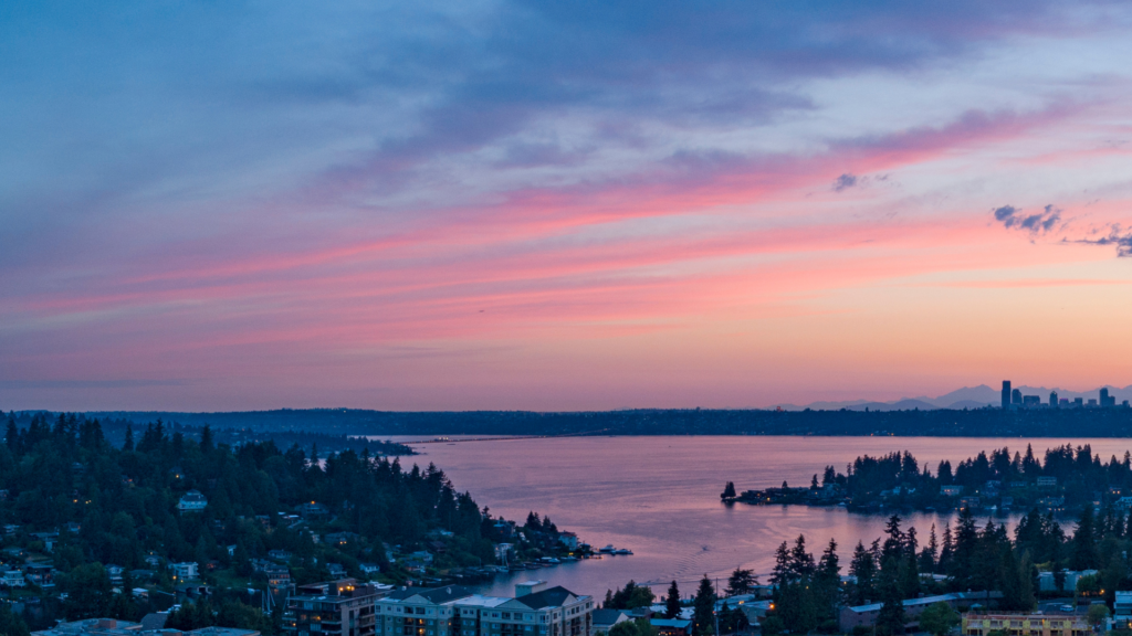 Aerial shot of Lake Washington, looking southeast from Bellevue, WA with the Seattle skyline on the horizon