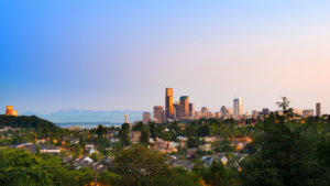 A view of downtown Seattle during sunrise, from the Central District.