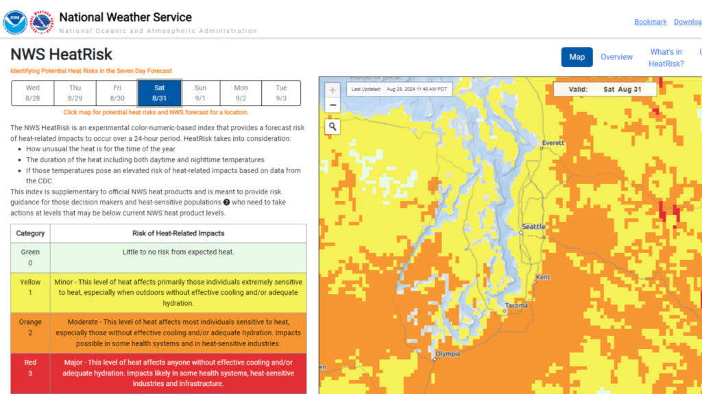 A screenshot of the NWS HeatRisk tool that shows part of King County in the Orange level, indicating an activation, and part of King County at the Yellow level, indicating now activation.