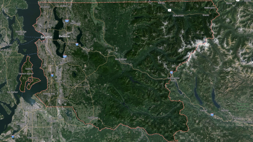 Google Maps satellite image of King County, WA, including the county boundaries