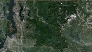 Google Maps satellite image of King County, WA, including the county boundaries