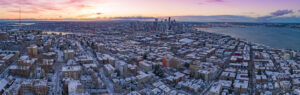 An aerial view of the City of Seattle on a cold day.