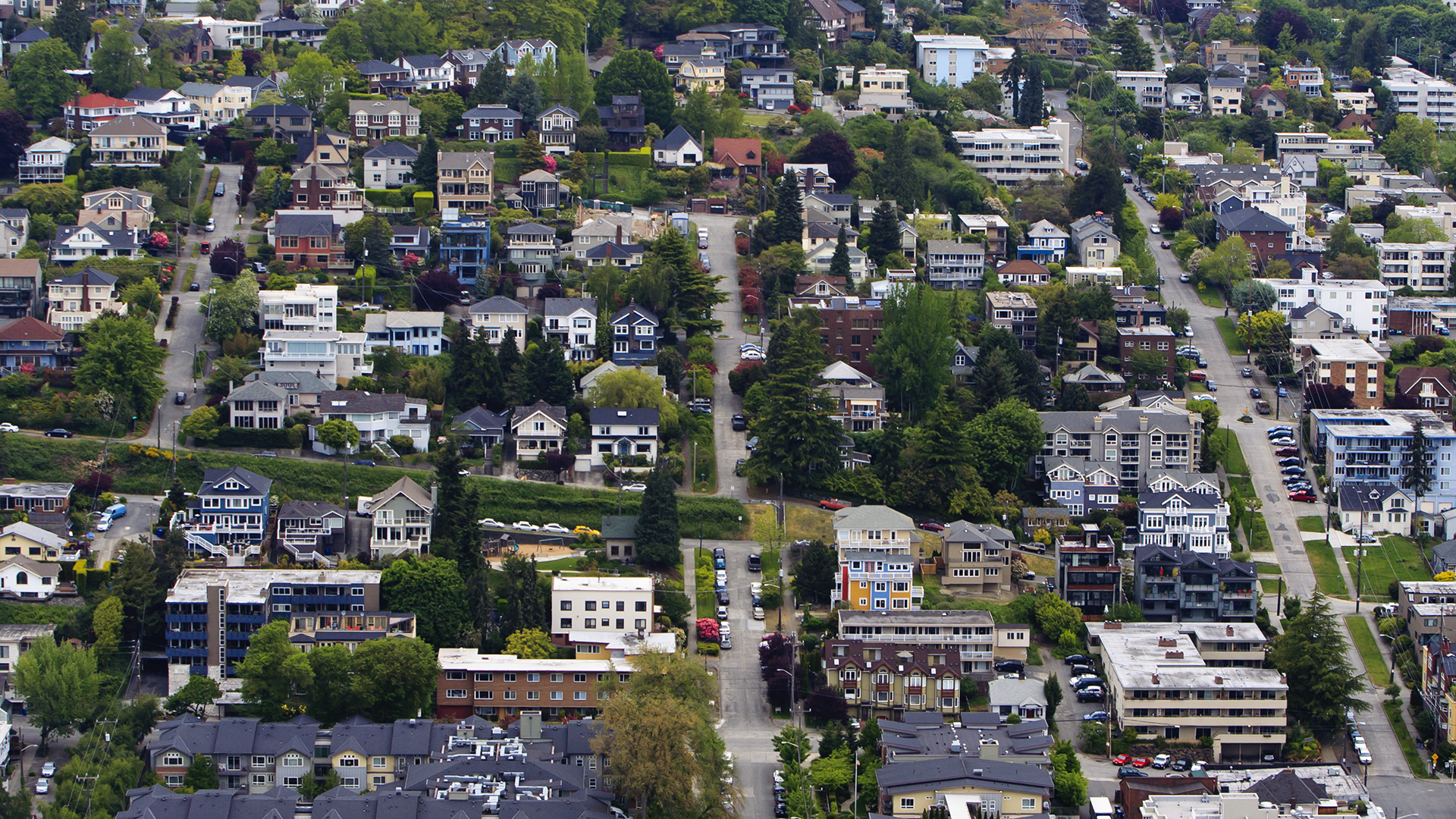 An aerial shot overlooking a variety of housing types in the Queen Anne neighborhood of Seattle
