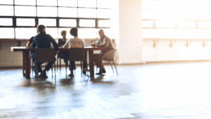 Image of people sitting a long table and meeting