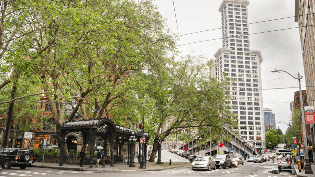 An image of the Pergola and Smith Tower in Pioneer Square Seattle on a gray day