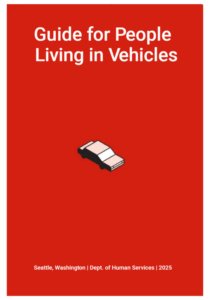 RED BOOK cover with text "Guide for People Living in Vehicles", graphic is linked to the digital booklet