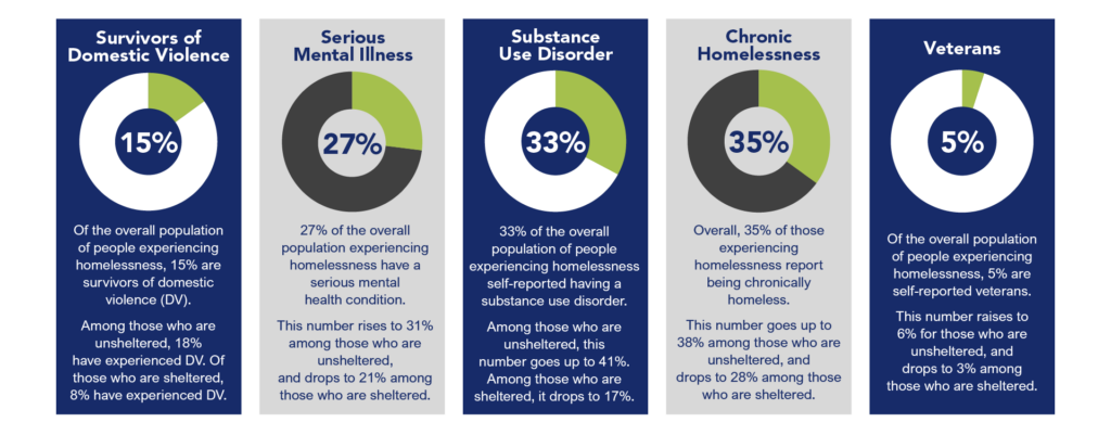 A series of 5 pie charts depicting what proportion of people experiencing homelessness are also experiencing one or more of the following vulnerabilities: Survivors of Domestic Violence, Serious Mental Illness, Substance Use Disorder, Chronic Homelessness, Veterans